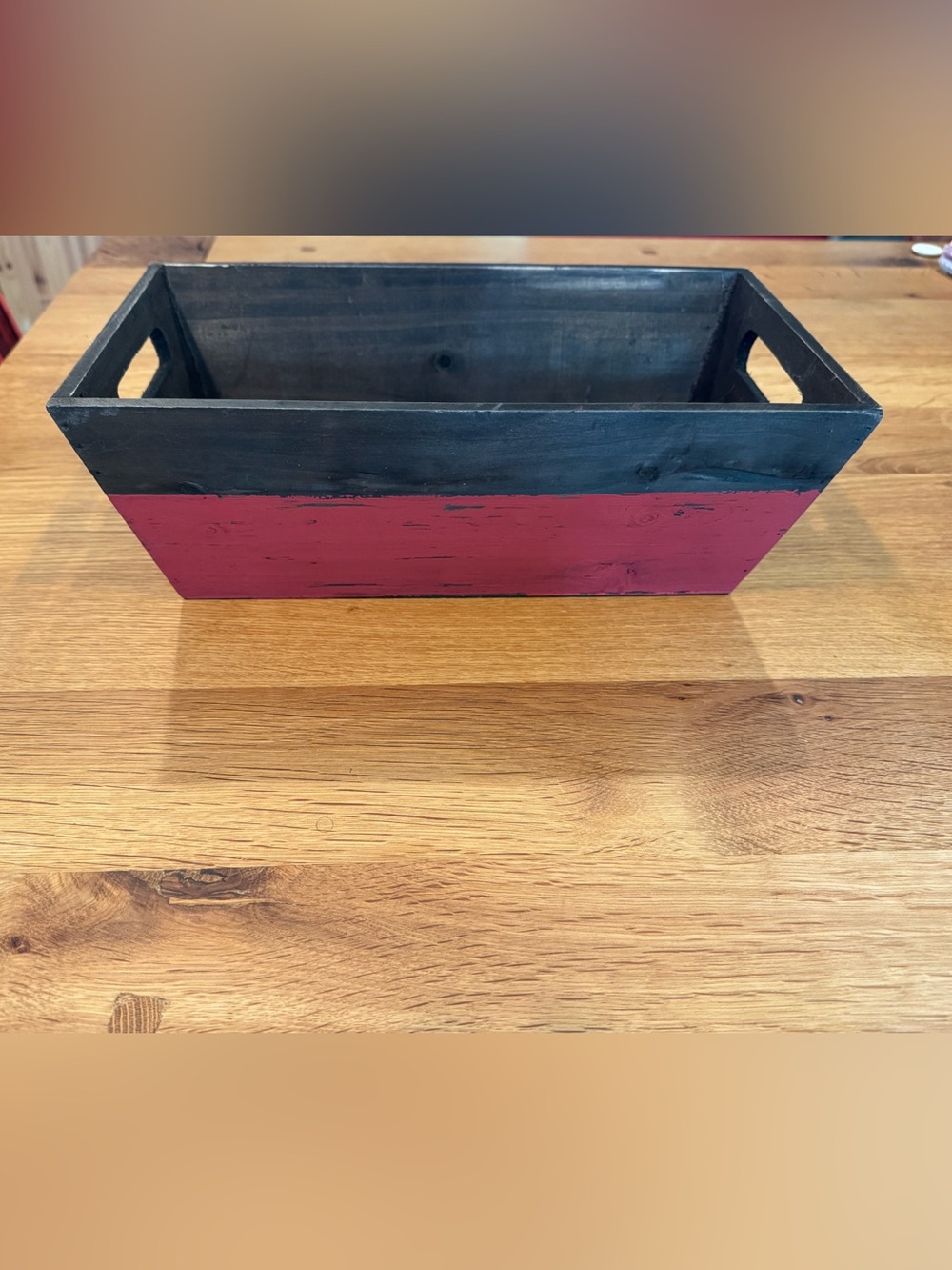 Rustic Farmhouse Wood Crate Box Distressed Red Black Cutout Handles Storage Deco